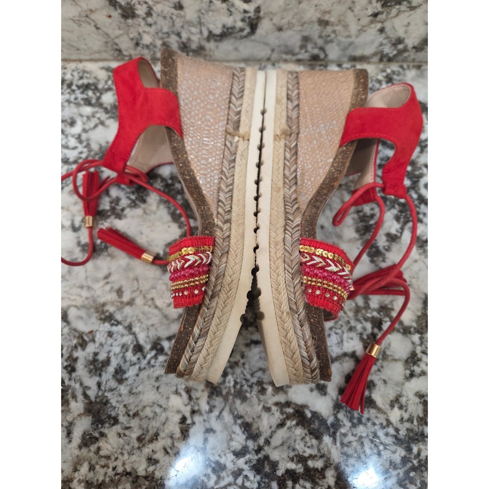 Refresh Red Boho Beaded Espadrille Wedge Sandals Ankle Tie Tassel 40 EU 9.5 US - Picture 6 of 13